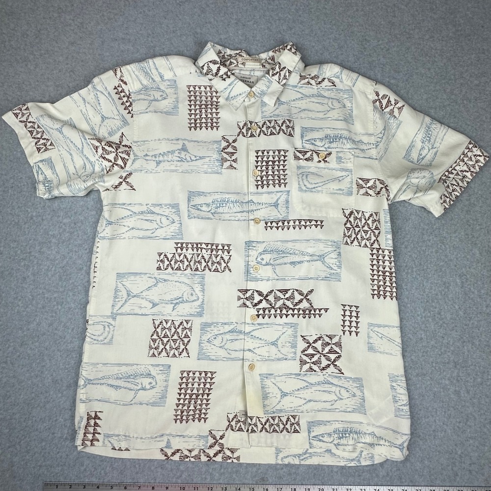 Quiksilver Waterman Mens XL Short‎ Sleeve Button Up Shirt Fish Print Cream Blue